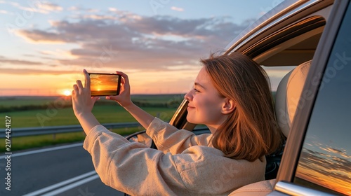 Young woman taking photo of sunset from car window on open road during golden hour travel