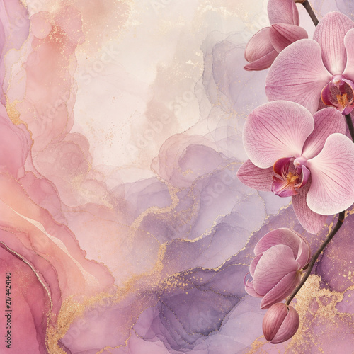 Romantic Orchid Floral Background with Soft Layered Petals and Golden Alcohol Ink Texture