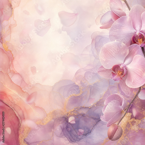 Glowing Pink Orchid Floral Background with Sparkling Light Effects and Fluid Gold Ink