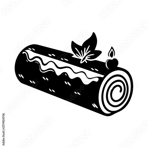 Black vector yule log icon featuring leaf decor and candle. Traditional yule log cake design shows rolled chocolate dessert. Minimal yule log illustration for Christmas menu, festive baking graphics.