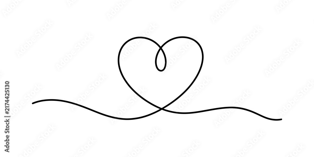 Fototapeta premium Continuous single black line drawing of a heart shape symbol isolated on a white background Vector, illustration