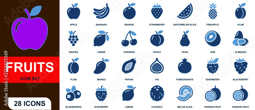 Fresh fruits and organic healthy food vector icon set