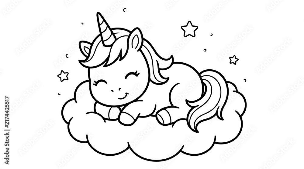 Fototapeta premium Cute cartoon unicorn sleeping peacefully on a fluffy cloud surrounded by small stars in a black and white line art style