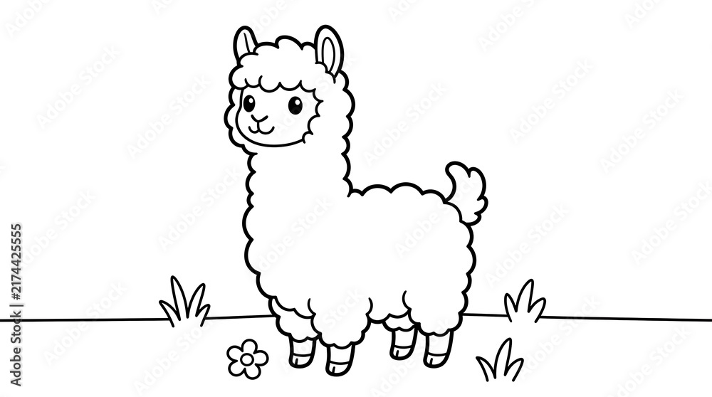Naklejka premium A cute cartoon alpaca standing in a field of grass for children to color as a fun activity