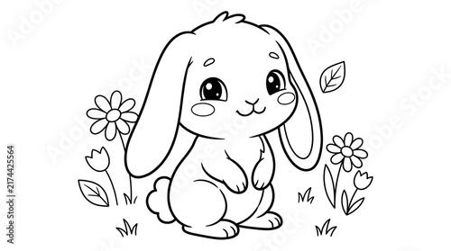 Cute little bunny rabbit standing in a garden with flowers for a children coloring page activity sheet