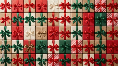 Many colorful christmas gift boxes with ribbons in a flat pattern