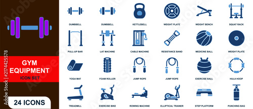 Gym fitness and workout equipment vector icon set