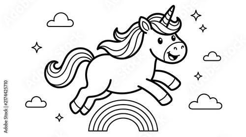 Cute cartoon unicorn jumping over a rainbow with clouds and stars for children coloring page activity book