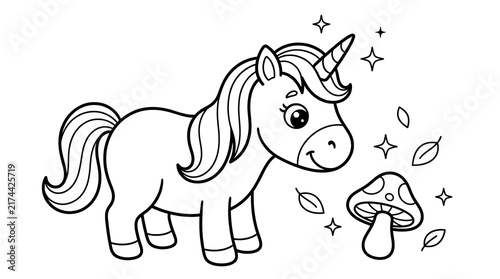 Cute little unicorn standing next to a magical mushroom for children to color in a fun activity