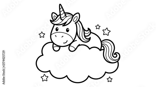 Cute cartoon unicorn sitting on a fluffy cloud surrounded by small stars for children coloring book page