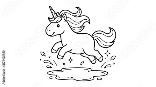 Cute cartoon unicorn jumping into a puddle of water black and white line art illustration for coloring page