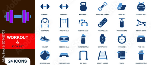 Workout and gym fitness equipment vector icon set