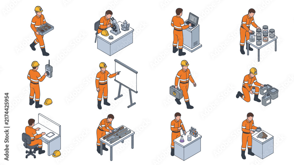 Naklejka premium Construction workers performing various job site tasks.