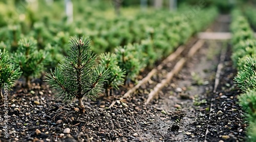 Small green pine saplings growing in rows in a nursery field with dark soil and blurred background