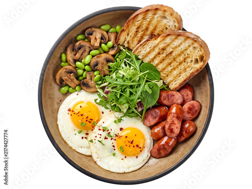 Hearty breakfast bowl with fried eggs, sausages, toast, and mushrooms food breakfast, food, eggs, fried eggs, sunny side up, sausages, grilled sausages, toast, bread, mushrooms, edamame, green salad, 