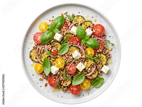 Healthy quinoa salad with grilled zucchini, feta, and cherry tomatoes quinoa, salad, grilled zucchini, feta cheese, cherry tomatoes, red onion, pine nuts, basil, arugula, healthy food, vegetarian, gou