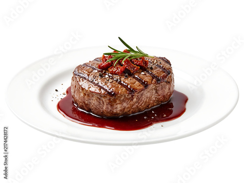 Gourmet grilled beef steak with sun-dried tomatoes and rosemary on white plate steak, beef, grilled, meat, food, gourmet, cuisine, delicious, juicy, rare, medium, cooked, protein, dinner, lunch, meal,