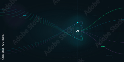 Digital artificial intelligence system data flow visualization on transparent background