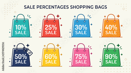 Sale Percentages Shopping Bags: A vibrant collection of shopping bags, each displaying a different percentage of sale, symbolizing discounts and shopping opportunities.