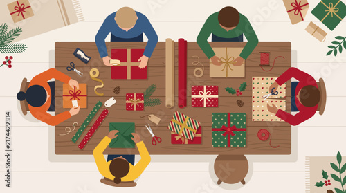 Gift Wrapping Gathering: A group of people are gathered around a table, happily wrapping presents for the holiday season. Festive and joyful scene, perfect for Christmas or any gift-giving occasion.