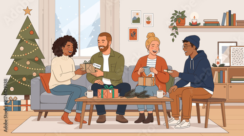 Christmas Gift Exchange: A diverse family gathers in a cozy living room adorned with a festive Christmas tree, exchanging gifts and celebrating the holiday spirit with warmth and laughter.