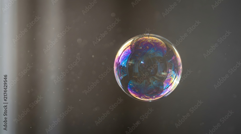 Naklejka premium Iridescent Soap Bubble Floating Through The Air In A Quiet Room