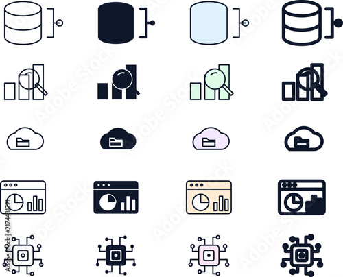 Data Management and Cloud Computing Flat UI Icon Set with Database, Analytics, and CPU Variations