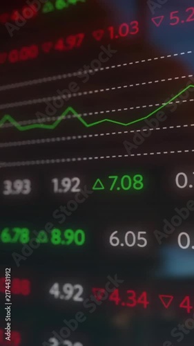 Animation of data processing, diagrams and stock market over cityscape