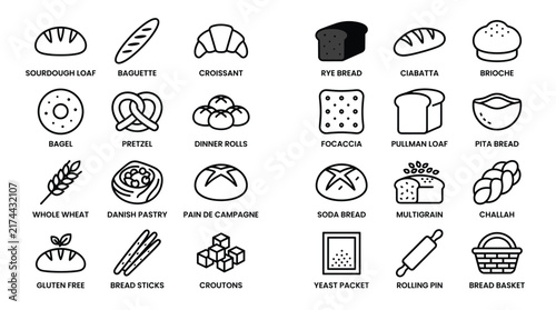 Bakery icon collection featuring twenty four delicious bread varieties and baking ingredients for artisanal pastry shop website menu design branding.