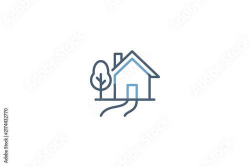 Minimalist outline icon of a suburban house with a tree and driveway.