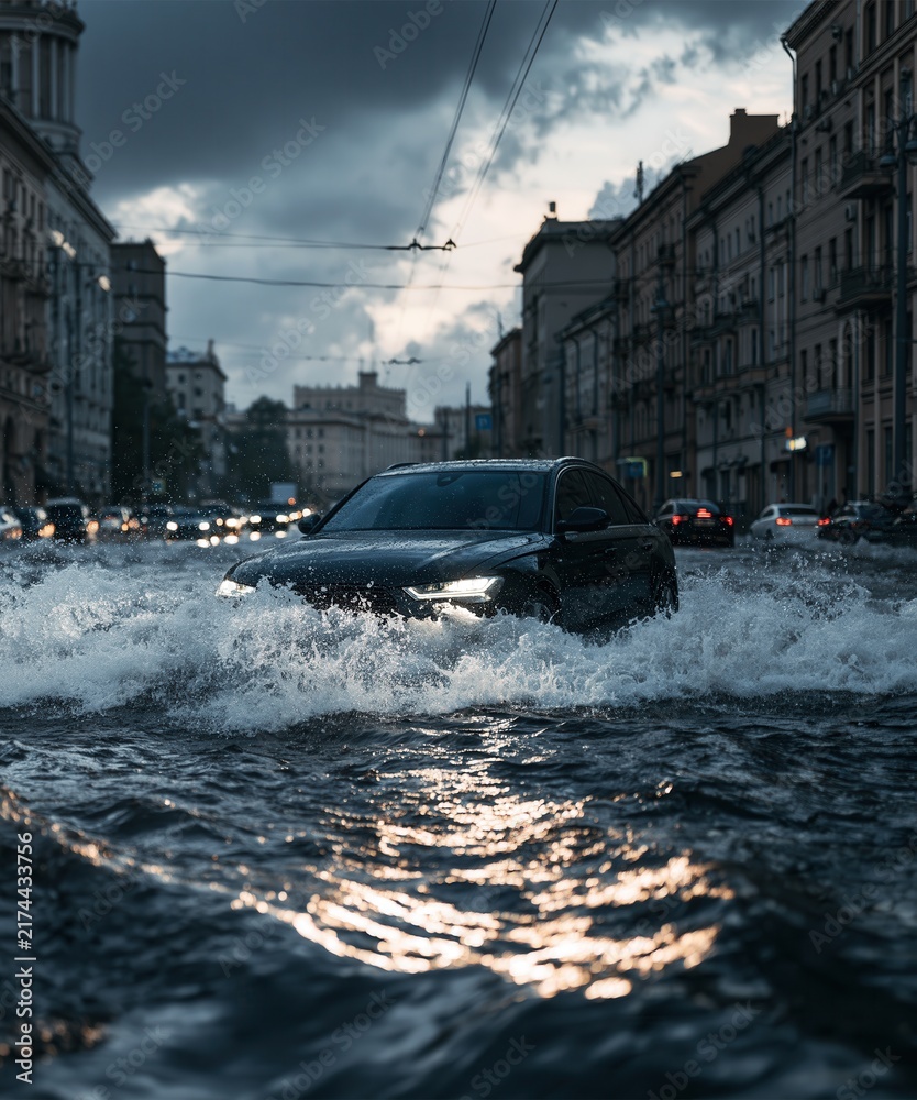 Obraz premium The car is driving along a flooded street, the water reaches the windows