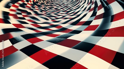 A playful wavy checkerboard design draws the eye, blending vibrant red, black, and white hues. This lively pattern dances across the surface, inviting imagination and creativity