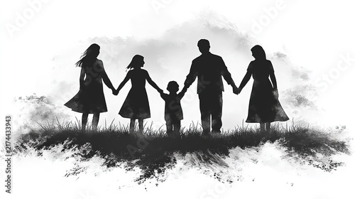In a peaceful garden, a family stands together, hand in hand, surrounding a loved one with dementia. Their expressions show warmth, hope, and connection as the sun sets