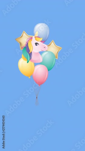 Unicorn and colorful balloons floating, star shapes animation on blue background