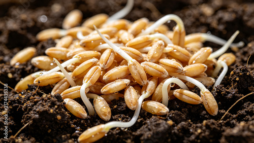 Dense sprouted wheat grains with white rootlets, macro texture background