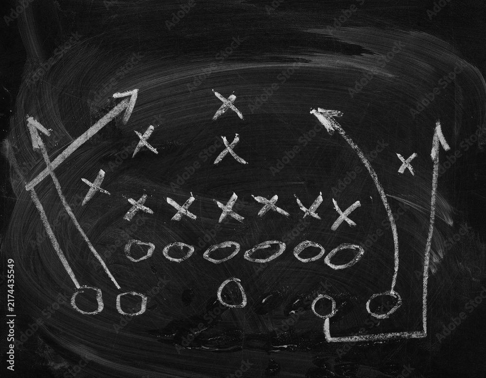 Obraz premium Hand draw tactic american football, game strategy on chalkboard, blackboard, design element