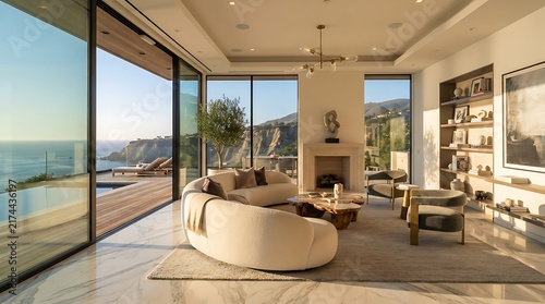 Modern luxury living room interior with floor to ceiling windows overlooking the beautiful ocean view during a sunny golden hour