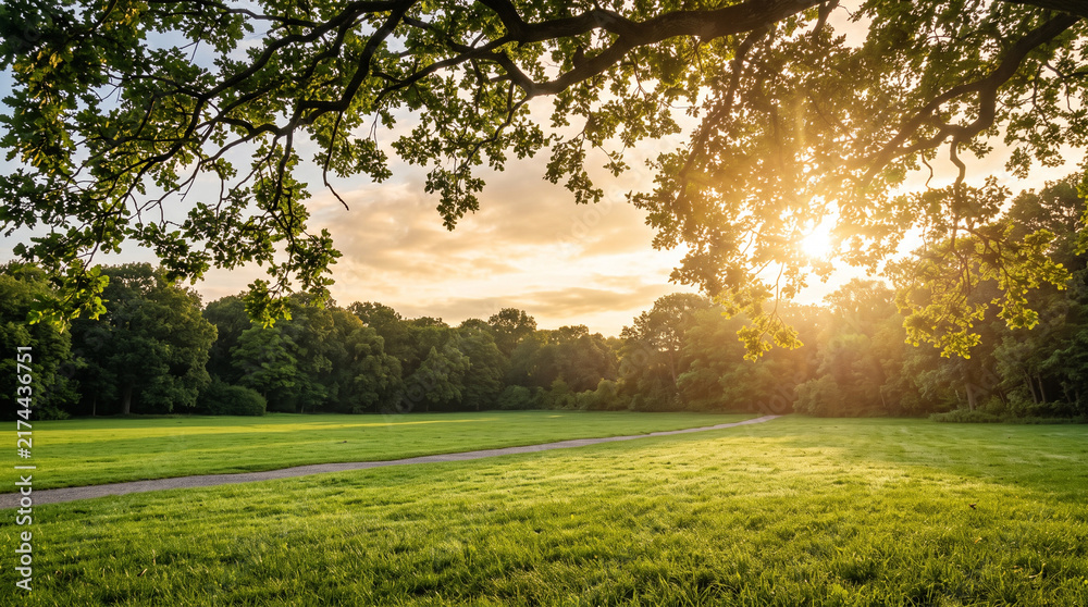 Naklejka premium dappled sunlight filtering through tree branches on lush green grass field during warm golden hour park sunset