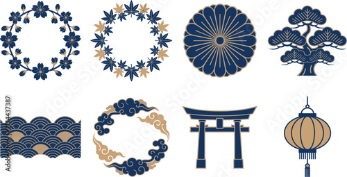 Japanese traditional patterns and symbols icons vector set with floral elements
