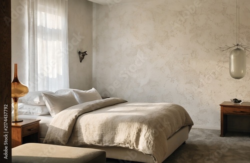 Boutique bedroom with upholstered bed textured walls and wood furniture | Elegant hospitality interior with neutral palette and soft natural light