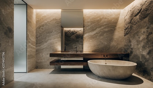 Luxury bathroom with freestanding bathtub stone walls and floating vanity | Spa inspired interior featuring natural textures and ambient lighting