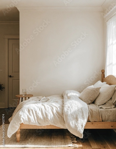 Scandinavian bedroom with linen bedding and wooden bed frame | Minimalist sleep space featuring soft textiles and natural light