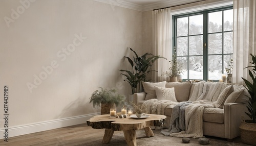 Living room with sofa blankets and large window overlooking snowy landscape | Cozy winter home interior with natural materials and soft neutral decor