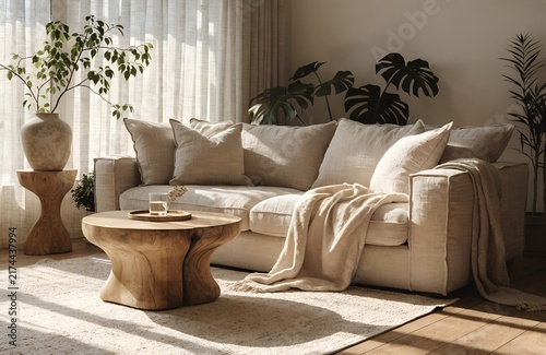 Sunlit sofa with cushions and wooden coffee table near sheer curtains | Slow living home interior with natural textures and relaxed contemporary styling