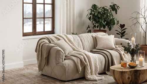 Cozy sofa with layered blankets near window and houseplants | Winter living room interior with soft textiles and warm home styling