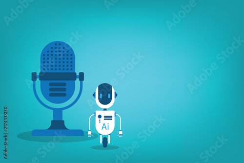 AI Audio Production Concept with Intelligent Robot and Microphone for Automated Voice Content