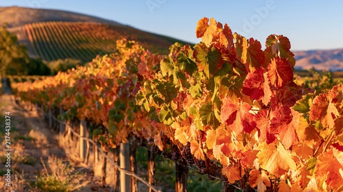 Vineyard landscape in early autumn with vibrant grape leaves showcasing shades of orange and green under a clear blue sky in a rural setting
