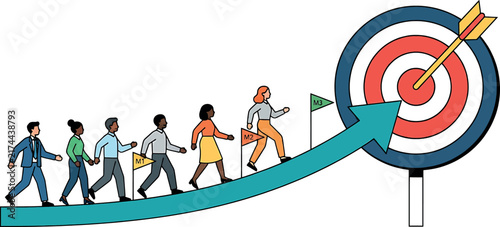 A business illustration showing a diverse team of professionals walking up a ramp towards a bullseye target