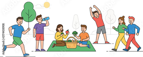 A colorful hand drawn illustration of diverse children engaging in various outdoor physical activities and healthy lifestyle habits