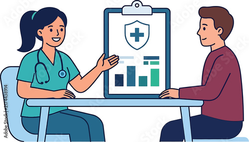 A professional medical consultation illustration showing a friendly doctor explaining healthcare insurance plans to a young male patient